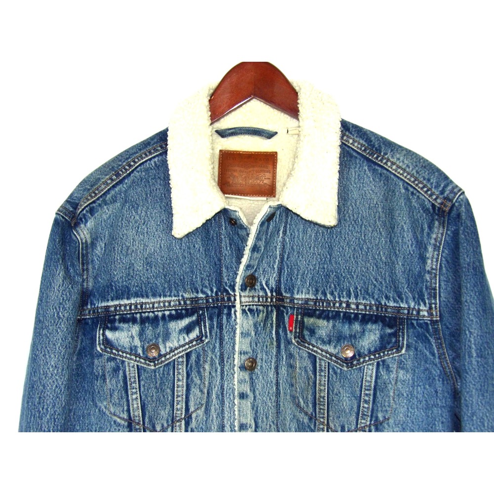 Levi's Premium Denim Sherpa Lined Snap Blue Trucker Jacket Women's Large - Picture 2 of 9